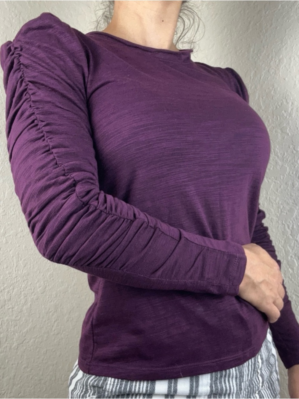SALE! For The Republic Purple Long Sleeve T-Shirt Size S Ruched Sleeve Raw Neck
